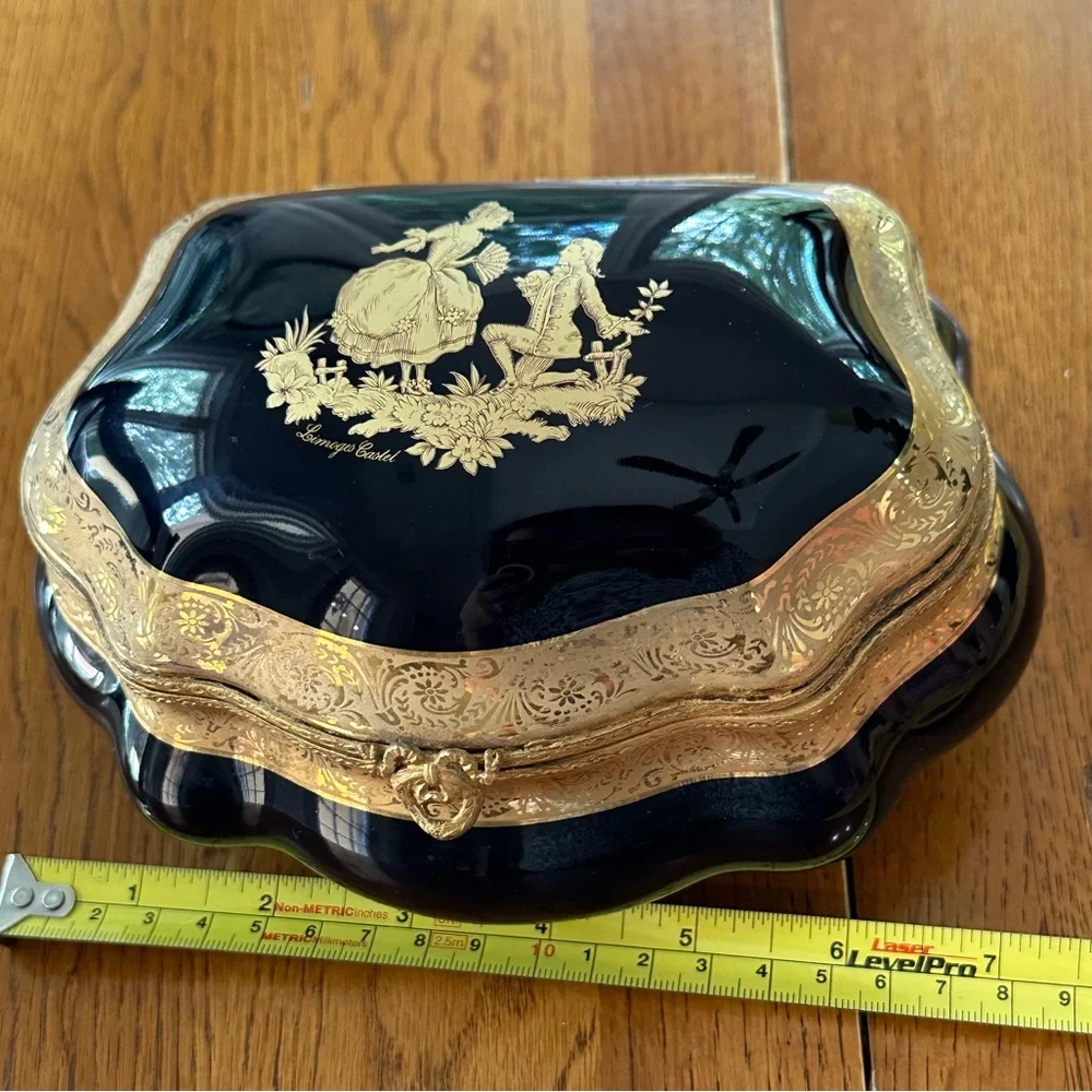 Gorgeous Limoges Cobalt Blue 22K Gold Trinket Box Hinged Lid Courting Couple
